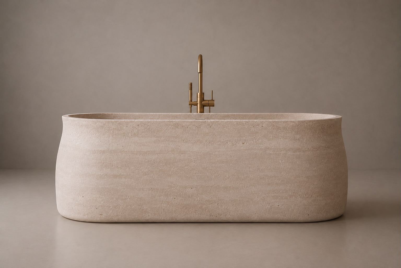 freestanding travertine bathtub in honed natural stone with sculptural oval silhouette. Freestanding travertine bathtub in warm beige natural stone. Custom travertine bathtub handcrafted from natural stone. Luxury natural stone bathtub with minimalist oval form. Handcrafted travertine bathtub for luxury bathroom design. Bespoke freestanding travertine bathtub for interior design projects. Natural stone freestanding bathtub in premium travertine finish. Custom luxury travertine bathtub for high end interior
