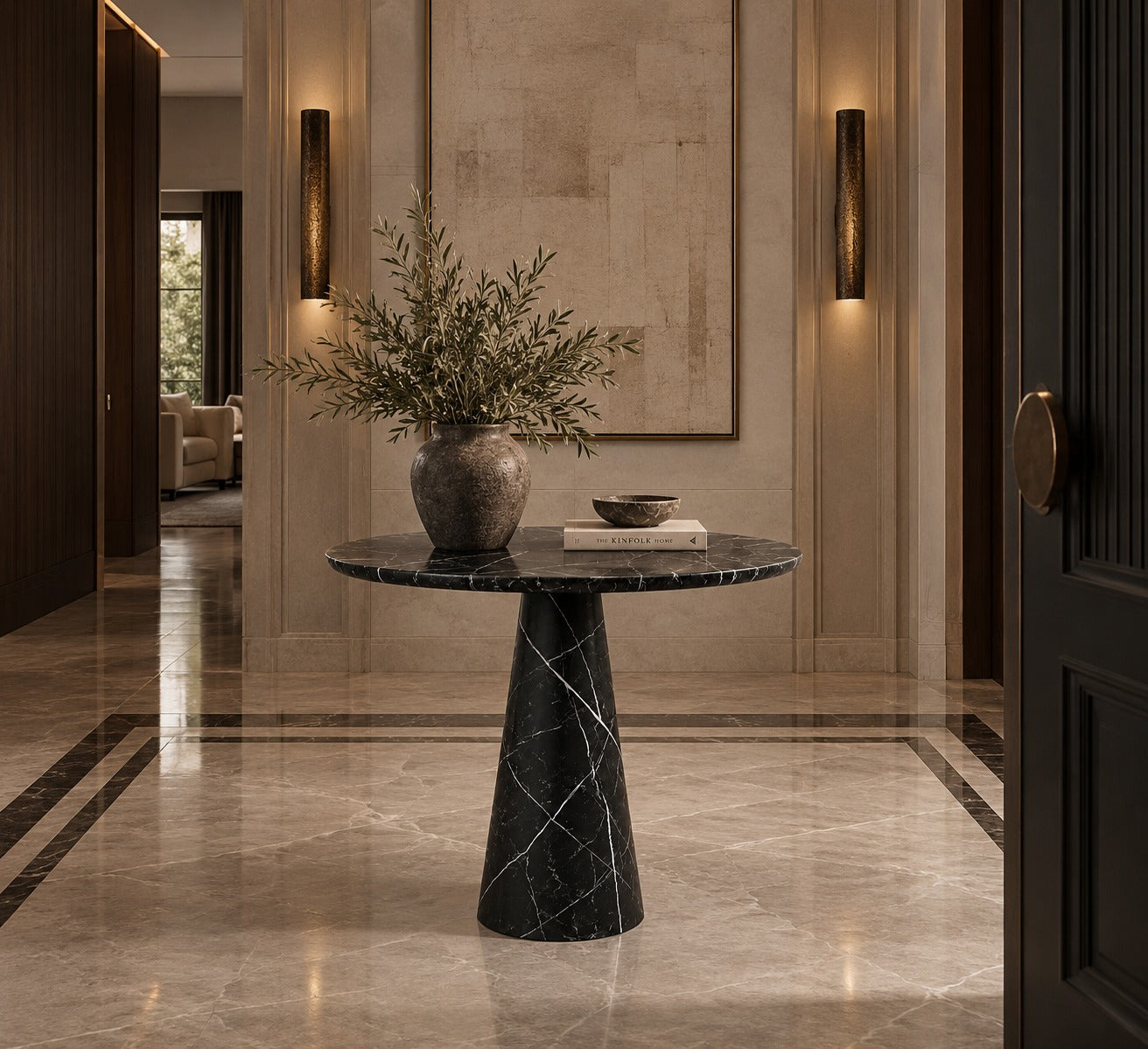 black marble dining table. black marble round dining table. round marble dining table. black marble table. black marble living room table. black marble entryway table. black marble entry table. round black marble entry table.
