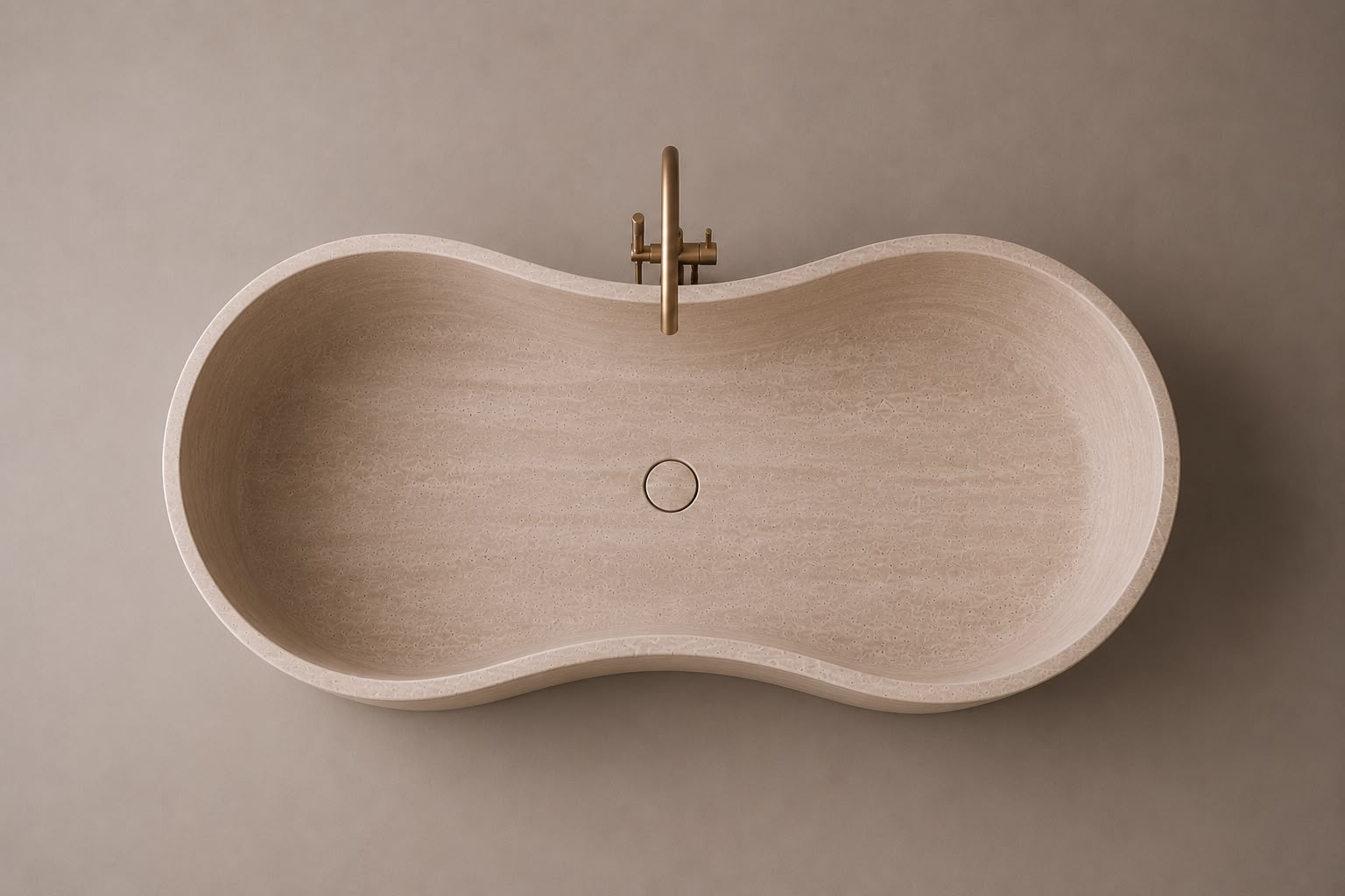freestanding travertine bathtub in honed natural stone with sculptural oval silhouette. Freestanding travertine bathtub in warm beige natural stone. Custom travertine bathtub handcrafted from natural stone. Luxury natural stone bathtub with minimalist oval form. Handcrafted travertine bathtub for luxury bathroom design. Bespoke freestanding travertine bathtub for interior design projects. Natural stone freestanding bathtub in premium travertine finish. Custom luxury travertine bathtub for high end interior
