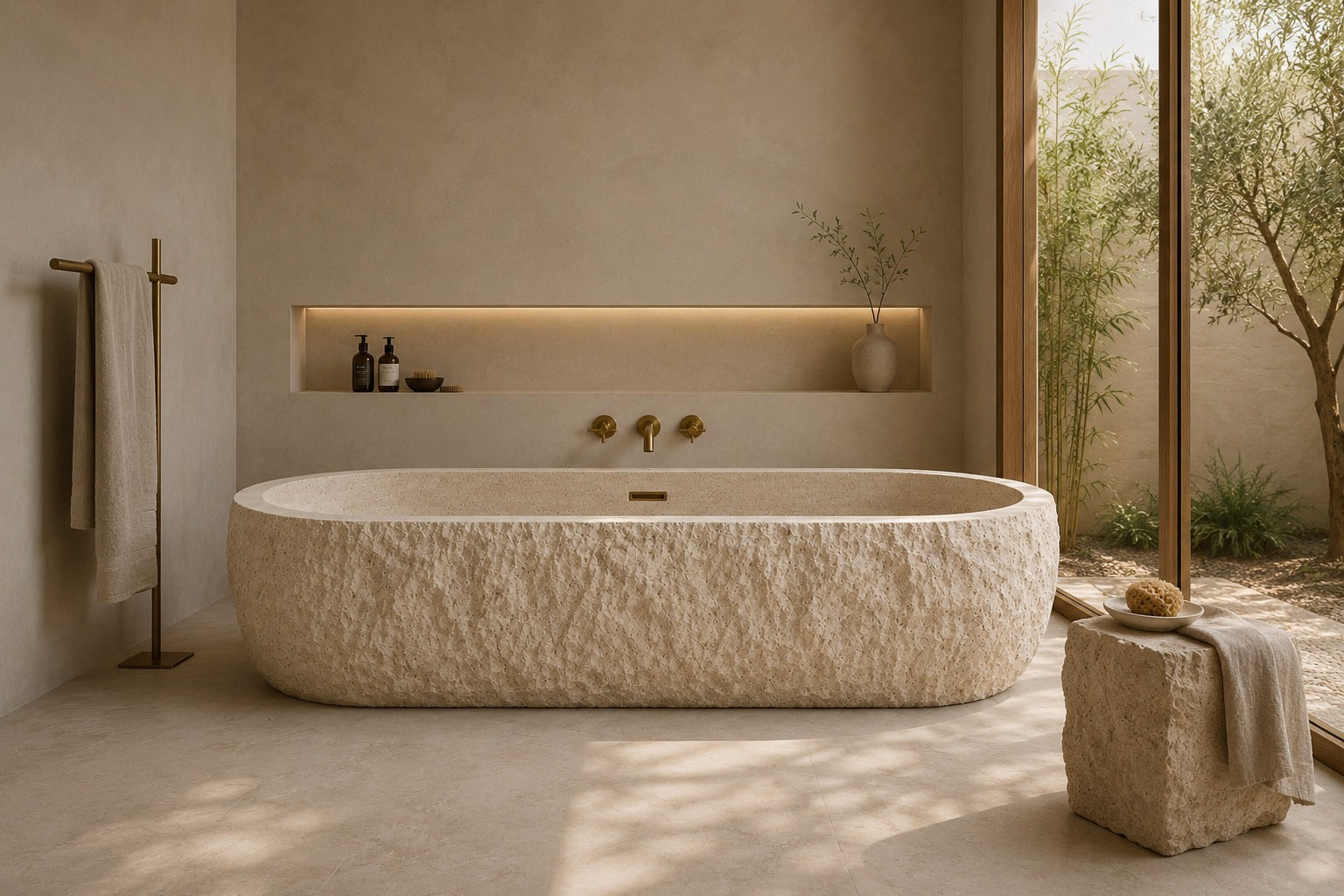freestanding travertine bathtub in honed natural stone with sculptural oval silhouette. Freestanding travertine bathtub in warm beige natural stone. Custom travertine bathtub handcrafted from natural stone. Luxury natural stone bathtub with minimalist oval form. Handcrafted travertine bathtub for luxury bathroom design. Bespoke freestanding travertine bathtub for interior design projects. Natural stone freestanding bathtub in premium travertine finish. Custom luxury travertine bathtub for high end interior
