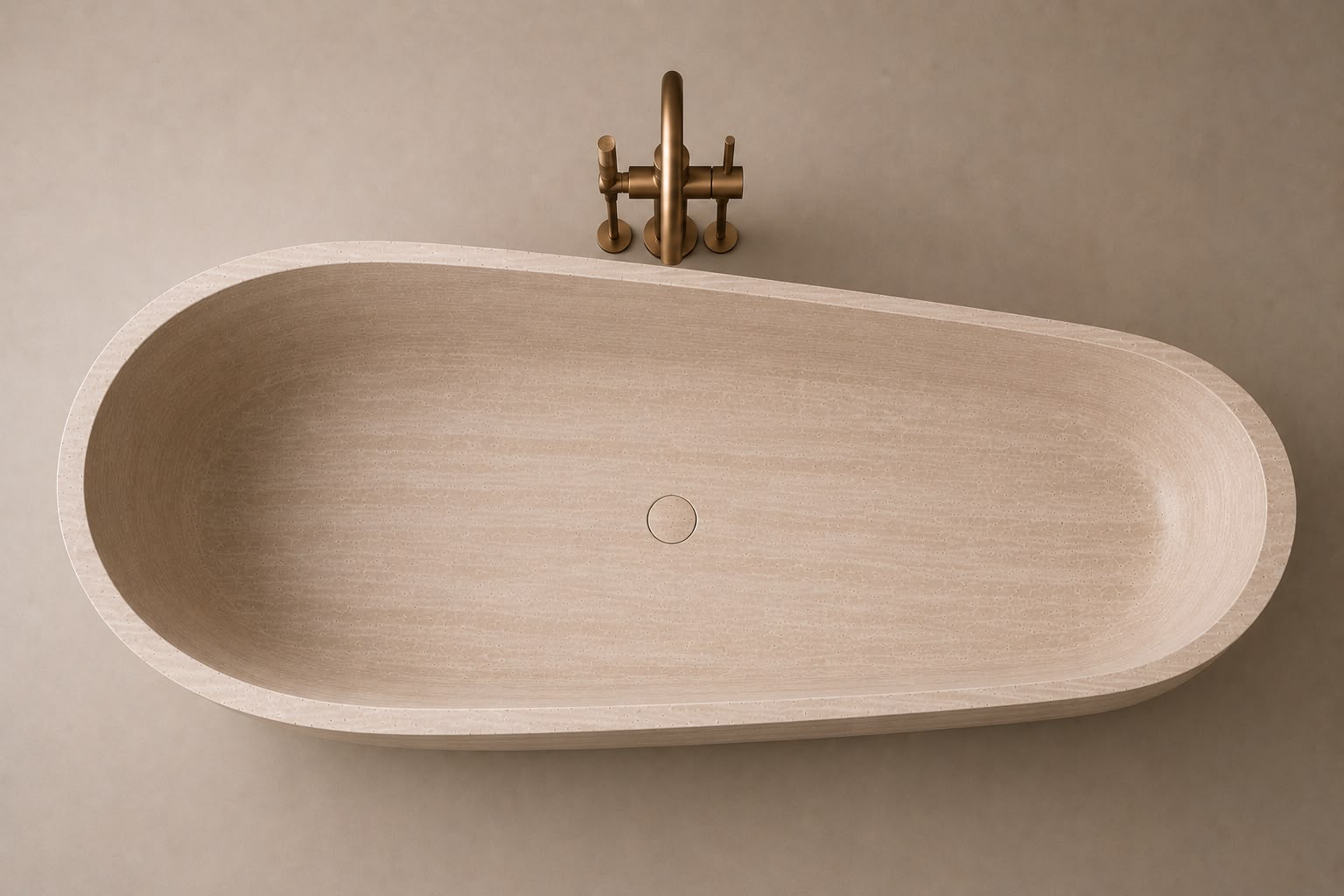 freestanding travertine bathtub in honed natural stone with sculptural oval silhouette. Freestanding travertine bathtub in warm beige natural stone. Custom travertine bathtub handcrafted from natural stone. Luxury natural stone bathtub with minimalist oval form. Handcrafted travertine bathtub for luxury bathroom design. Bespoke freestanding travertine bathtub for interior design projects. Natural stone freestanding bathtub in premium travertine finish. Custom luxury travertine bathtub for high end interior
