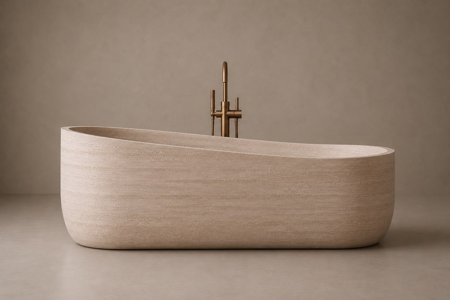 freestanding travertine bathtub in honed natural stone with sculptural oval silhouette. Freestanding travertine bathtub in warm beige natural stone. Custom travertine bathtub handcrafted from natural stone. Luxury natural stone bathtub with minimalist oval form. Handcrafted travertine bathtub for luxury bathroom design. Bespoke freestanding travertine bathtub for interior design projects. Natural stone freestanding bathtub in premium travertine finish. Custom luxury travertine bathtub for high end interior
