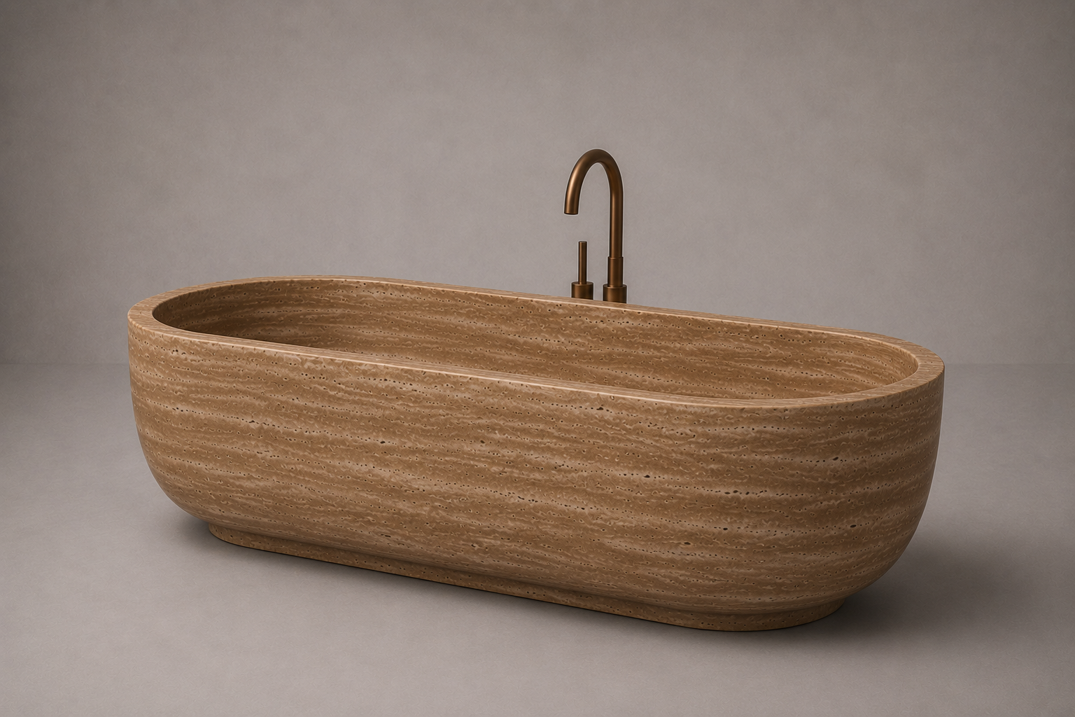 freestanding noche travertine bathtub in honed natural stone with sculptural oval silhouette. Freestanding noche travertine bathtub in warm beige natural stone. Custom noche travertine bathtub handcrafted from natural stone. Luxury natural stone bathtub with minimalist oval form. Handcrafted noche travertine bathtub for luxury bathroom design. Bespoke freestanding noche travertine bathtub for interior design projects. Custom luxury noche travertine bathtub for high end interior.
