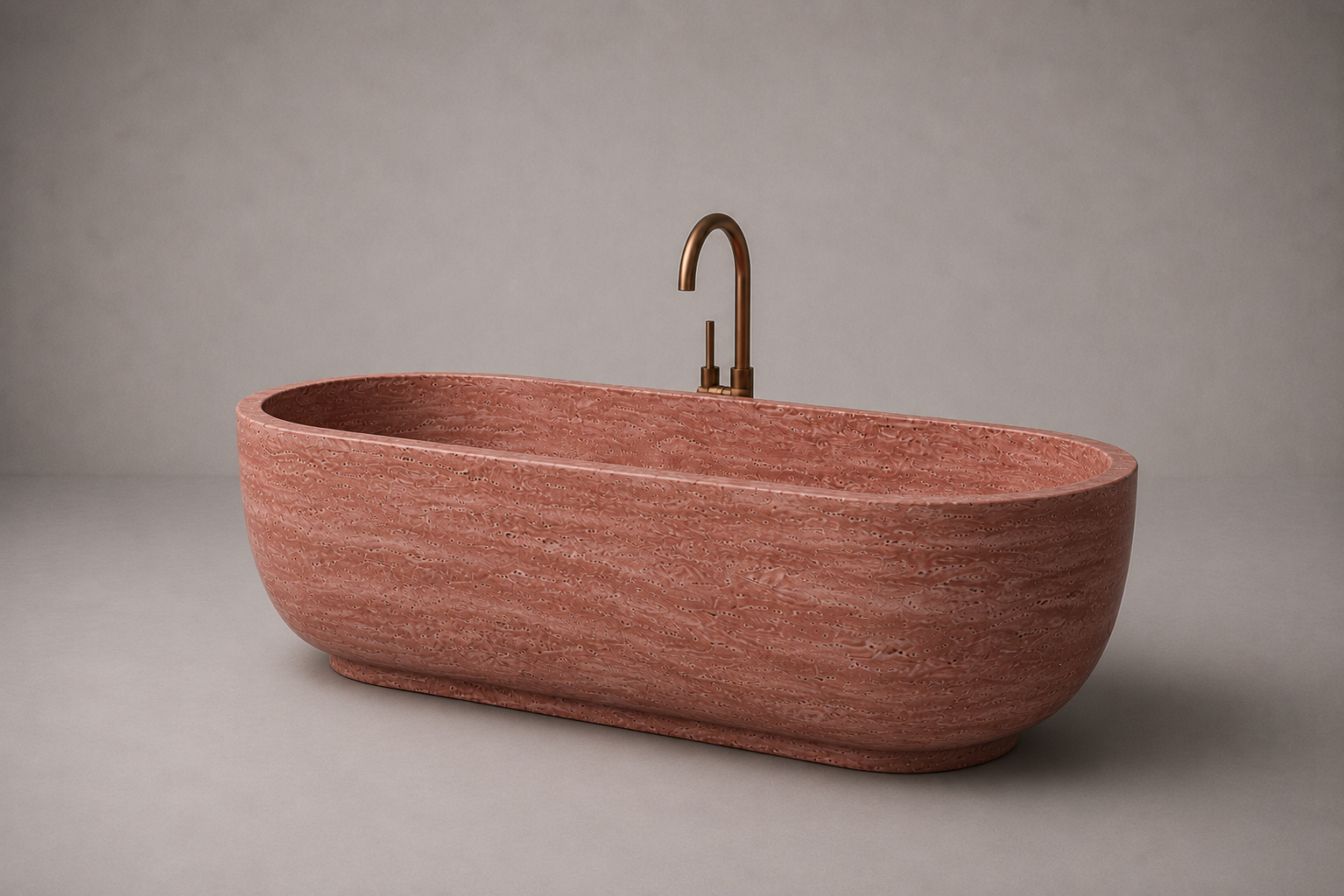 freestanding red travertine bathtub in honed natural stone with sculptural oval silhouette. Freestanding red travertine bathtub in warm beige natural stone. Custom red travertine bathtub handcrafted from natural stone. Luxury natural stone bathtub with minimalist oval form. Handcrafted red travertine bathtub for luxury bathroom design. Bespoke freestanding red travertine bathtub for interior design projects. Custom luxury red travertine bathtub for high end interior.
