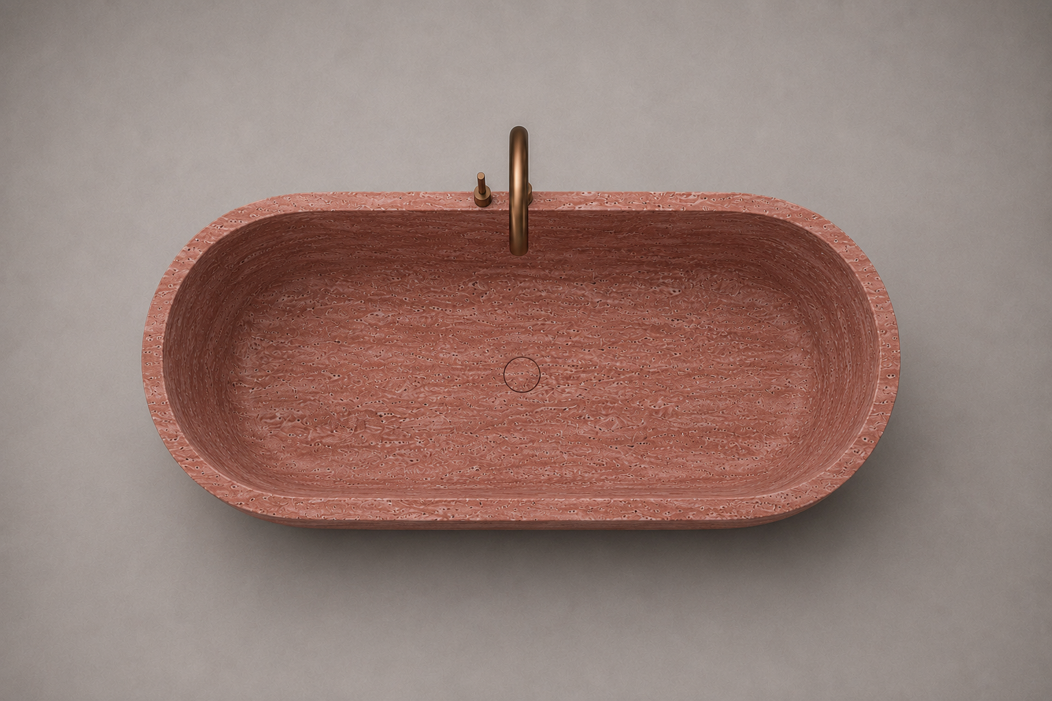 freestanding red travertine bathtub in honed natural stone with sculptural oval silhouette. Freestanding red travertine bathtub in warm beige natural stone. Custom red travertine bathtub handcrafted from natural stone. Luxury natural stone bathtub with minimalist oval form. Handcrafted red travertine bathtub for luxury bathroom design. Bespoke freestanding red travertine bathtub for interior design projects. Custom luxury red travertine bathtub for high end interior.
