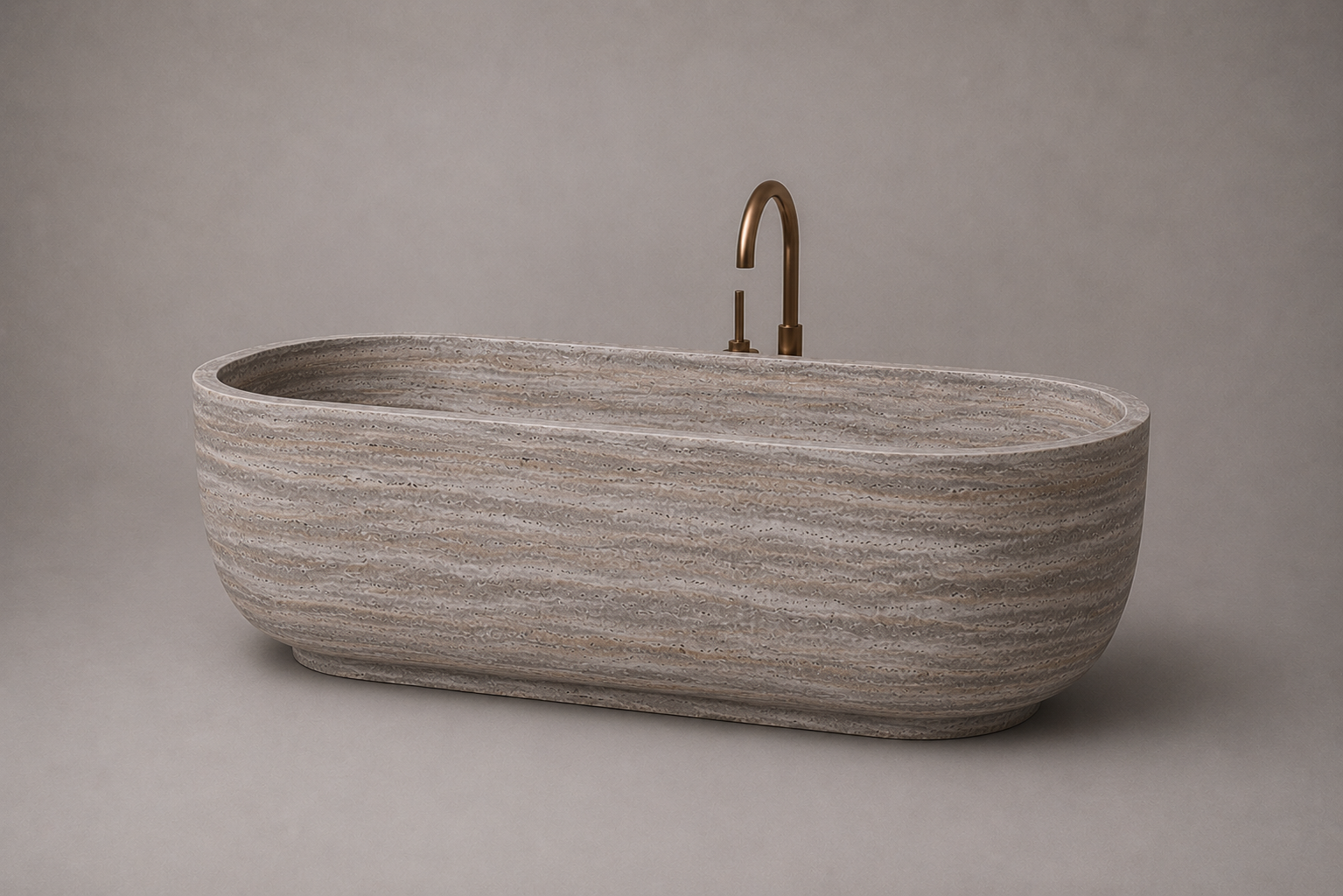 freestanding silver travertine bathtub in honed natural stone with sculptural oval silhouette. Freestanding silver travertine bathtub in warm beige natural stone. Custom silver travertine bathtub handcrafted from natural stone. Luxury natural stone bathtub with minimalist oval form. Handcrafted silver travertine bathtub for luxury bathroom design. Bespoke freestanding silver travertine bathtub for interior design projects. Custom luxury silver travertine bathtub for high end interior.
