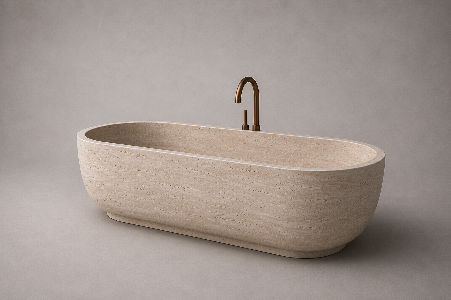 freestanding travertine bathtub in honed natural stone with sculptural oval silhouette. Freestanding travertine bathtub in warm beige natural stone. Custom travertine bathtub handcrafted from natural stone. Luxury natural stone bathtub with minimalist oval form. Handcrafted travertine bathtub for luxury bathroom design. Bespoke freestanding travertine bathtub for interior design projects. Natural stone freestanding bathtub in premium travertine finish. Custom luxury travertine bathtub for high end interior
