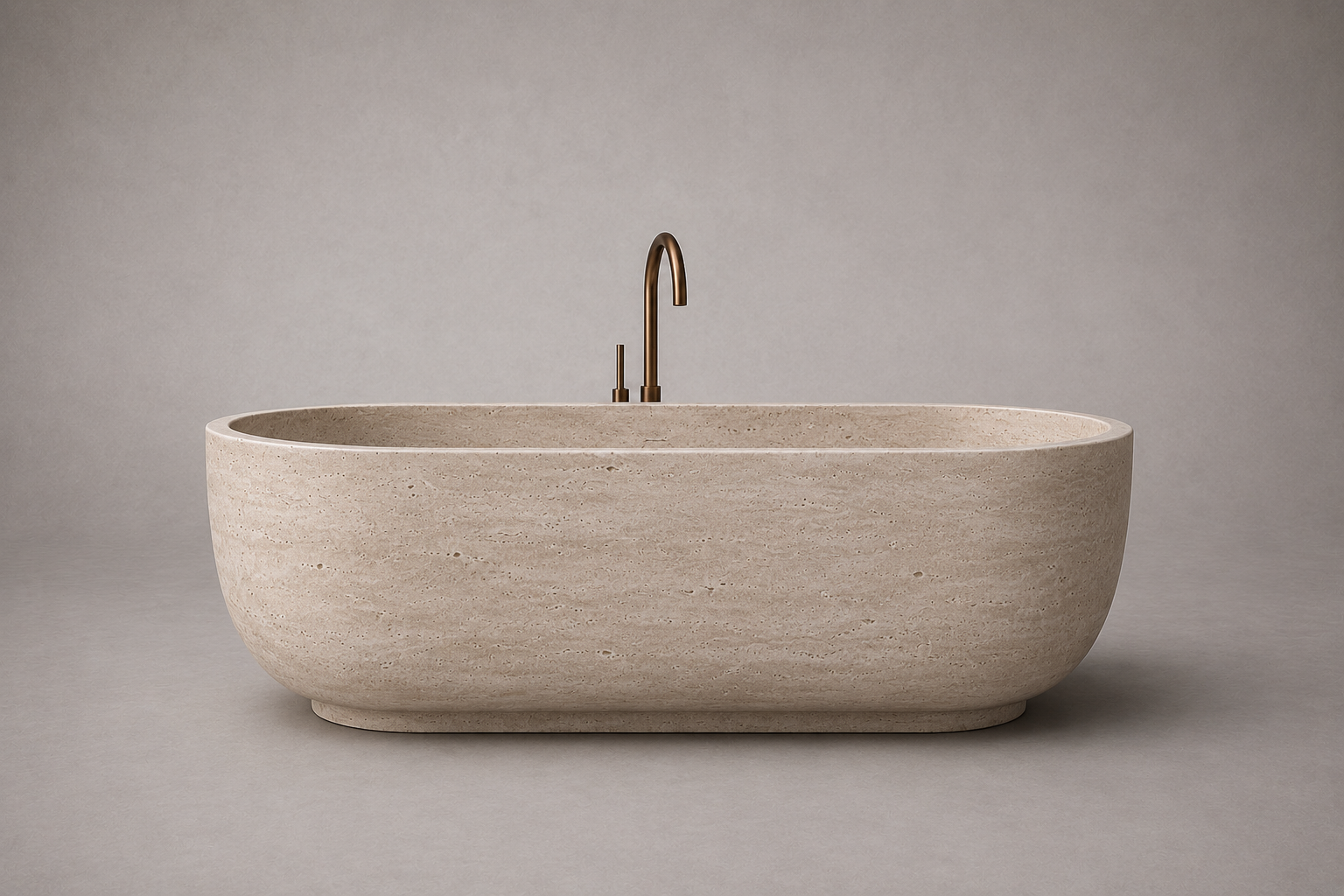 freestanding travertine bathtub in honed natural stone with sculptural oval silhouette. Freestanding travertine bathtub in warm beige natural stone. Custom travertine bathtub handcrafted from natural stone. Luxury natural stone bathtub with minimalist oval form. Handcrafted travertine bathtub for luxury bathroom design. Bespoke freestanding travertine bathtub for interior design projects. Natural stone freestanding bathtub in premium travertine finish. Custom luxury travertine bathtub for high end interior
