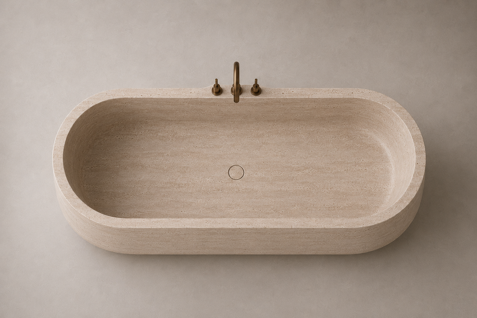 freestanding travertine bathtub in honed natural stone with sculptural oval silhouette. Freestanding travertine bathtub in warm beige natural stone. Custom travertine bathtub handcrafted from natural stone. Luxury natural stone bathtub with minimalist oval form. Handcrafted travertine bathtub for luxury bathroom design. Bespoke freestanding travertine bathtub for interior design projects. Natural stone freestanding bathtub in premium travertine finish. Custom luxury travertine bathtub for high end interior
