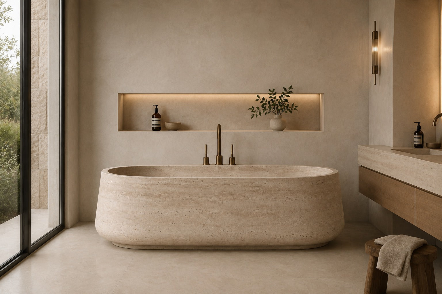 freestanding travertine bathtub in honed natural stone with sculptural oval silhouette. Freestanding travertine bathtub in warm beige natural stone. Custom travertine bathtub handcrafted from natural stone. Luxury natural stone bathtub with minimalist oval form. Handcrafted travertine bathtub for luxury bathroom design. Bespoke freestanding travertine bathtub for interior design projects. Natural stone freestanding bathtub in premium travertine finish. Custom luxury travertine bathtub for high end interior

