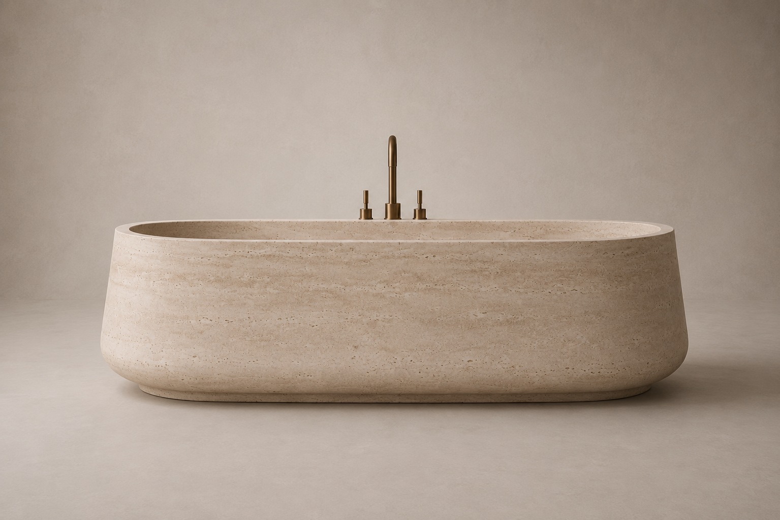freestanding travertine bathtub in honed natural stone with sculptural oval silhouette. Freestanding travertine bathtub in warm beige natural stone. Custom travertine bathtub handcrafted from natural stone. Luxury natural stone bathtub with minimalist oval form. Handcrafted travertine bathtub for luxury bathroom design. Bespoke freestanding travertine bathtub for interior design projects. Natural stone freestanding bathtub in premium travertine finish. Custom luxury travertine bathtub for high end interior
