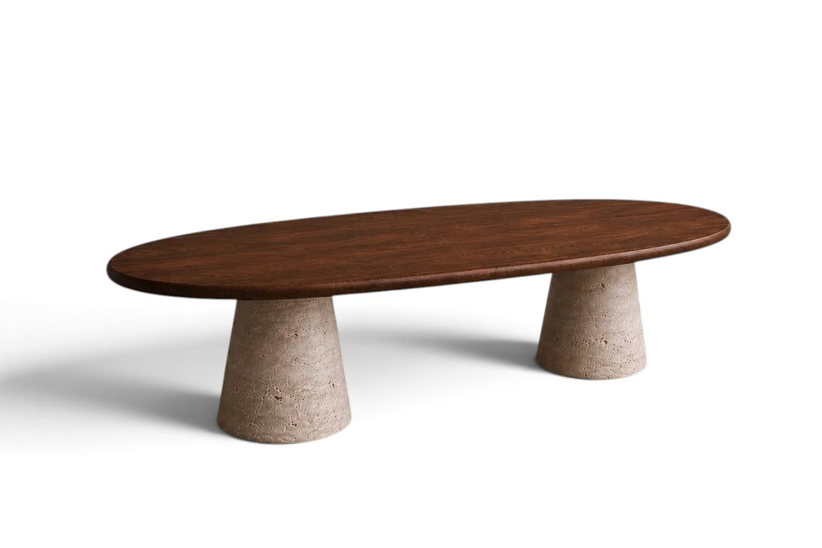 luxury wood oval dining table with walnut top and travertine base.walnut wood oval dining table with sculptural travertine legs. designer wood dining table with travertine supports. oval walnut dining table for luxury interiors. custom wood dining table with travertine legs. premium walnut dining table with natural stone base. architectural oval dining table in walnut wood and travertine. luxury walnut wood dining table for bespoke interiors. wood oval dining table with travertine pedestal supports. 
