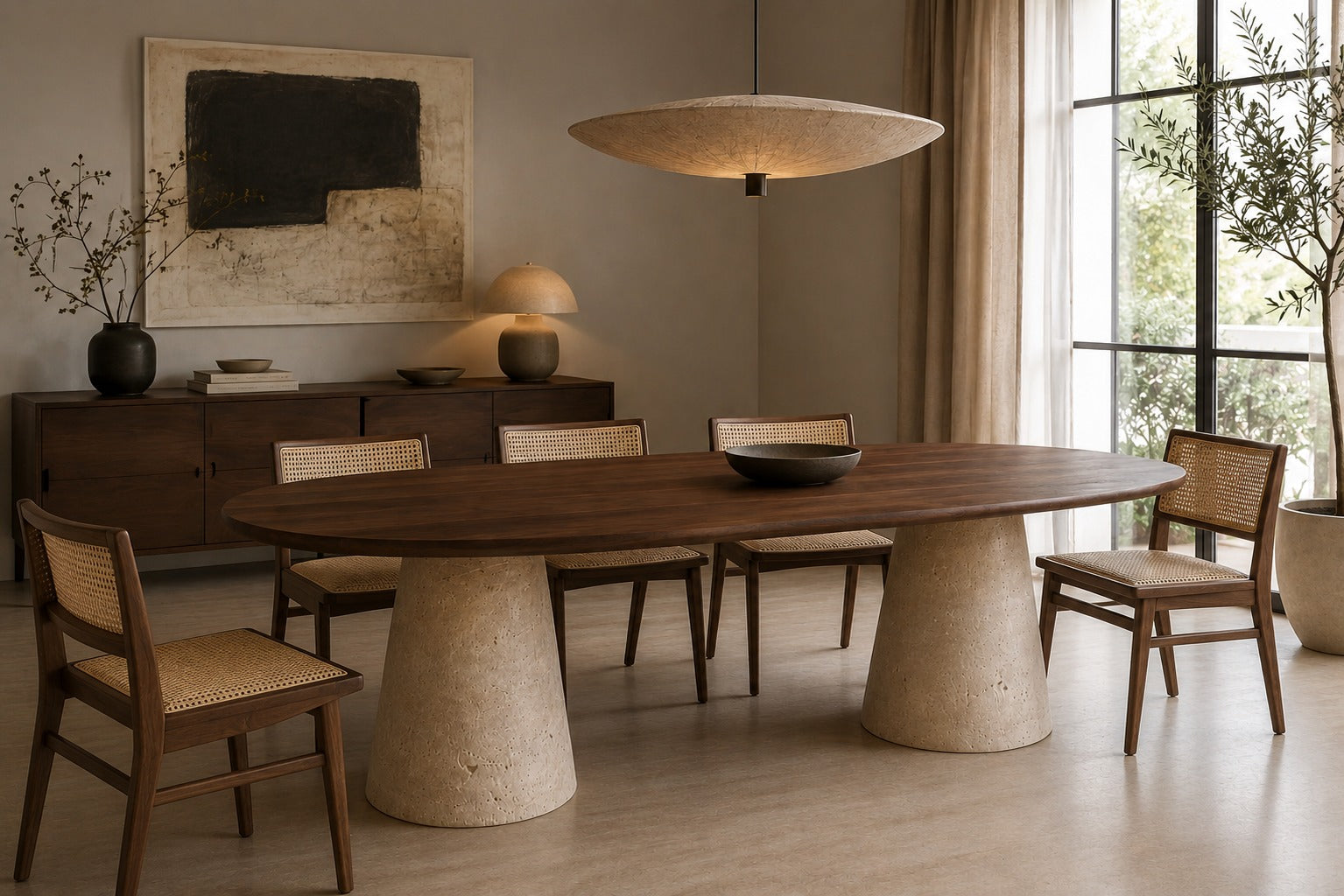 luxury wood oval dining table with walnut top and travertine base.walnut wood oval dining table with sculptural travertine legs. designer wood dining table with travertine supports. oval walnut dining table for luxury interiors. custom wood dining table with travertine legs. premium walnut dining table with natural stone base. architectural oval dining table in walnut wood and travertine. luxury walnut wood dining table for bespoke interiors. wood oval dining table with travertine pedestal supports. 
